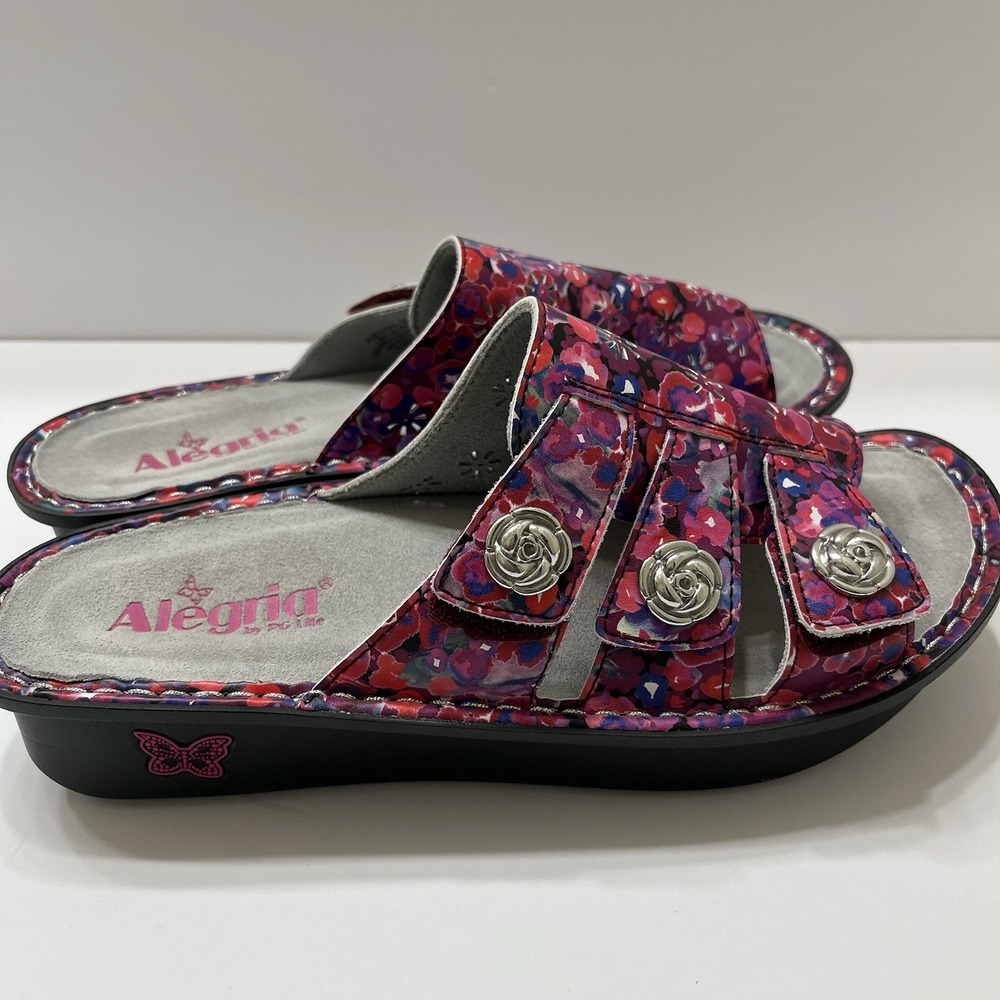 Allegria Julee Slide Sandals Poppy Pop Floral Print Pink Purple Double Strap 9